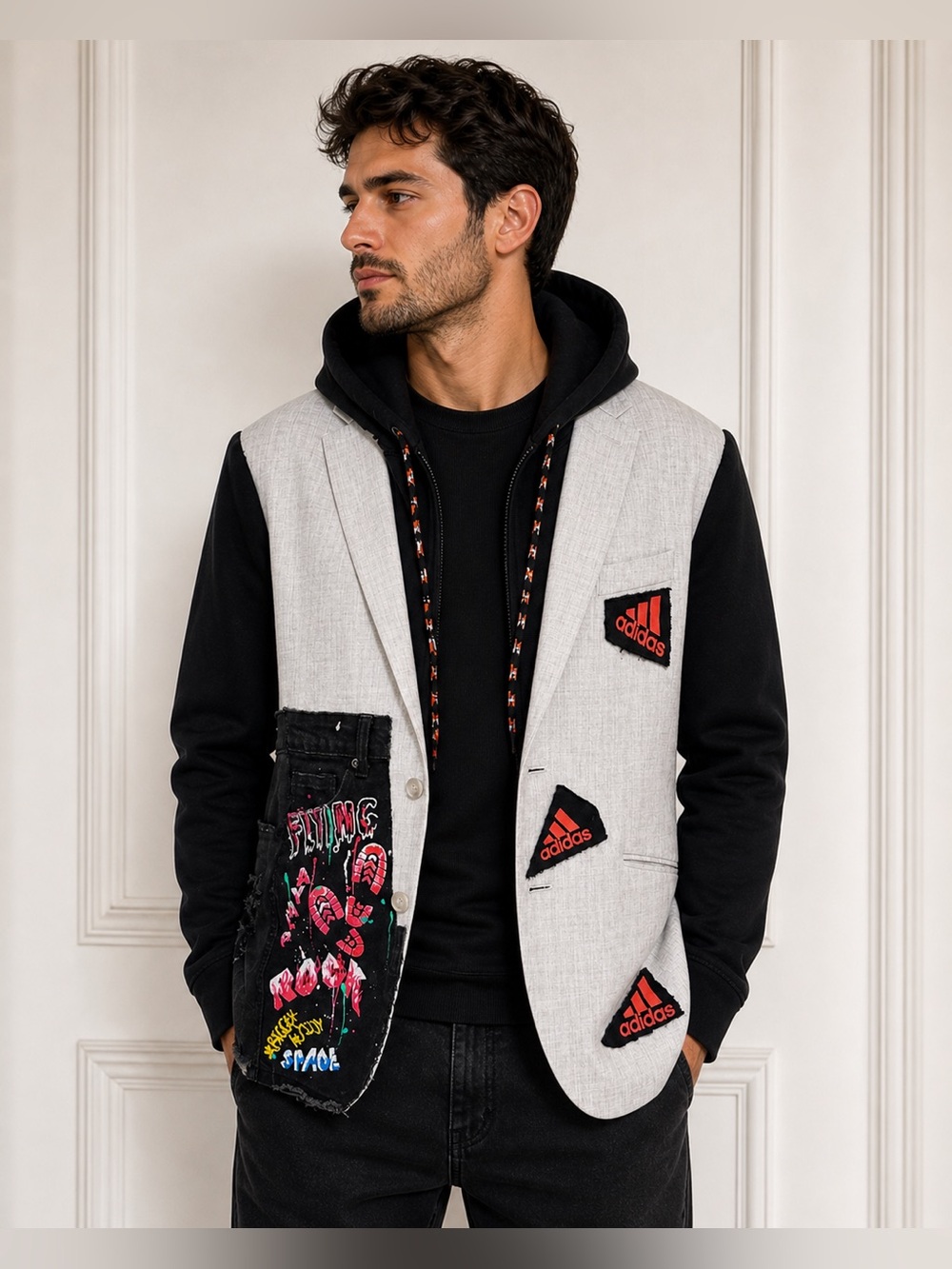 Upcycled Adidas inspired hooded and sleeved graffiti Patchwork combo Blazer